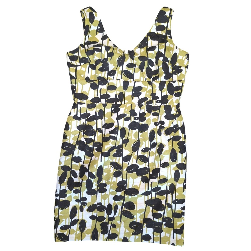 Vintage XL Le Chateau sheath dress V-neckline black and olive green‎ leaf print